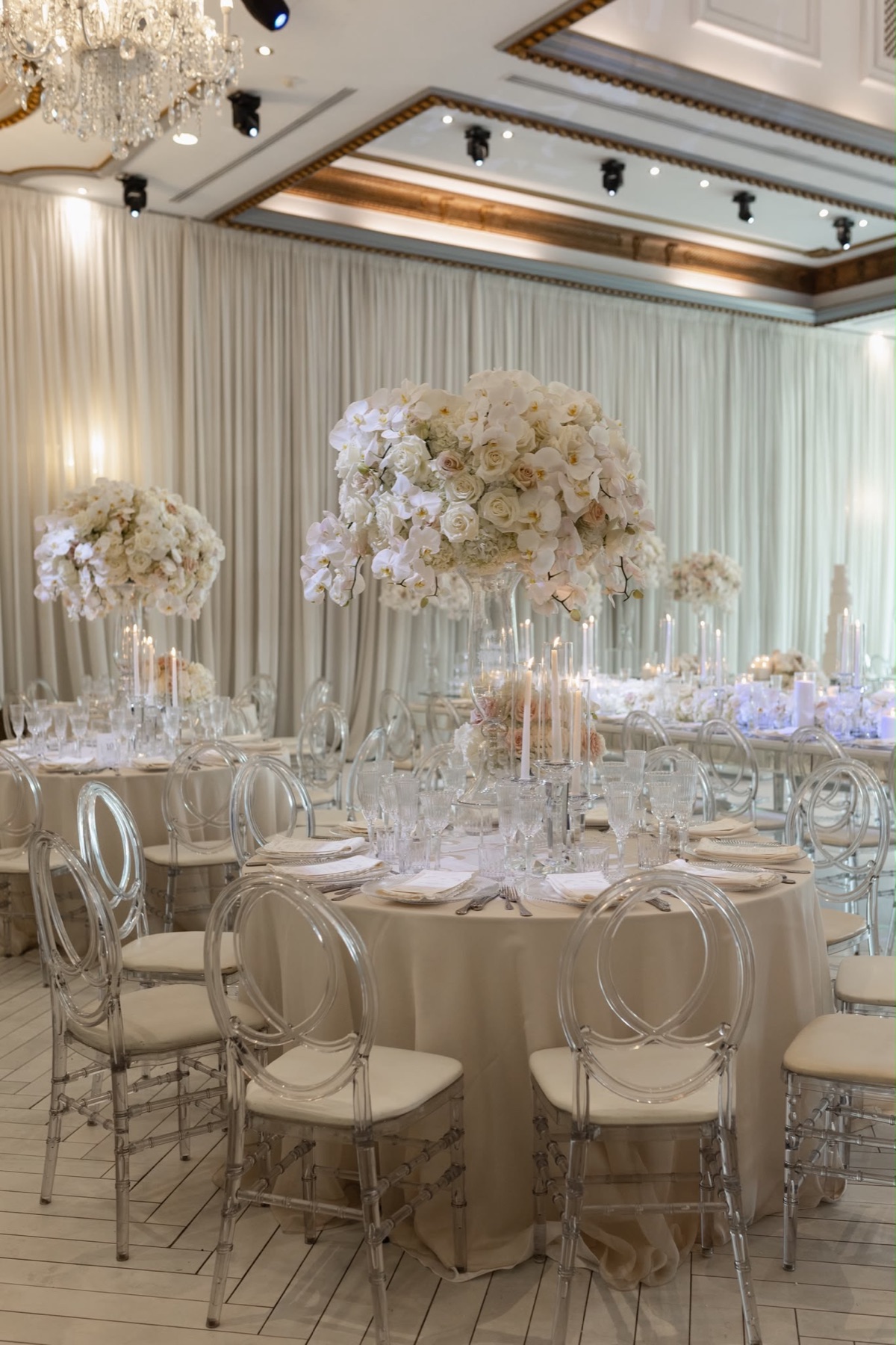 A reception table with cascading white orchids and clear chairs